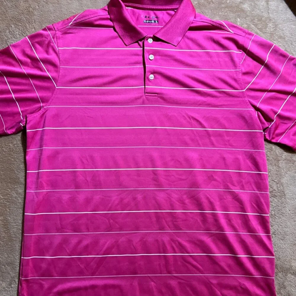 Walter Hagen Men Large Pink Stripe Hydro-Dri Golf‎ Performance Short Sleeve Polo